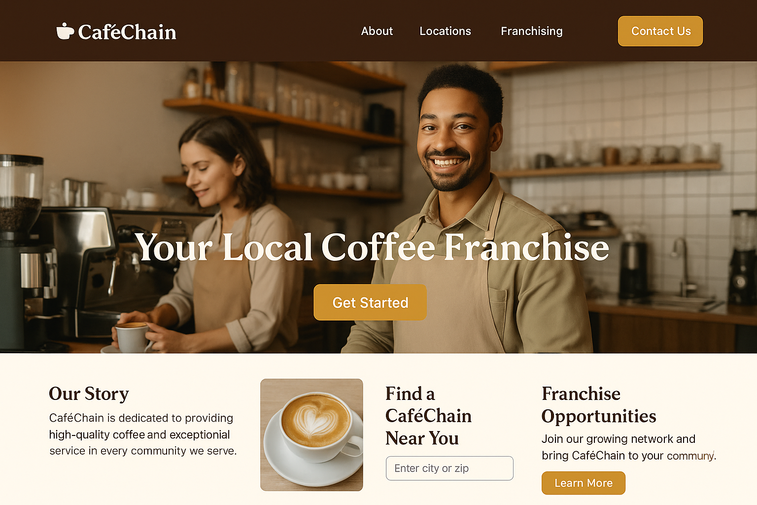 CafeChain local business website showcasing multiple restaurant locations and community presence