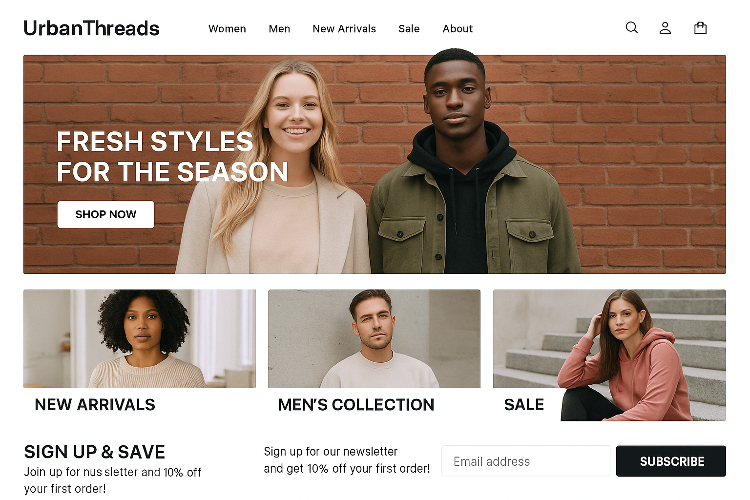 UrbanThreads e-commerce website featuring sustainable fashion collection and shopping interface